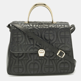 Aigner Black Leather Logo Embossed Genoveva M Top Handle Bag 1186965