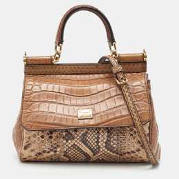 Dolce & Gabbana Brown/Beige Crocodile and Python Small Miss Sicily Top Handle Bag 1186760