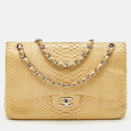 Chanel Light Yellow Python Jumbo Classic Double Flap Bag 1186867
