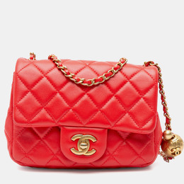 Chanel Red Mini Square Classic Lambskin Pearl Crush Single Flap Bag 1184338