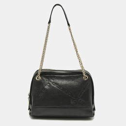 CH Carolina Herrera Black Leather and Suede Embossed Logo Shoulder Bag 1186845