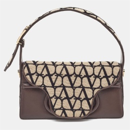 Valentino Dark Brown/Beige Leather and Canvas Le Grand Deuxième Logo Plaque Shoulder Bag 1186120