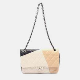 Chanel Classic Double Flap Black White Beige Lambskin Shoulder Bag 1188170