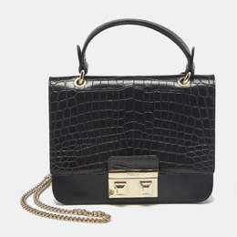 Furla Black Croc Embossed and Leather Mini Bella Top Handle Bag 1190113