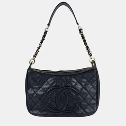 Chanel Shoulder Bag Matelasse Caviar Skin Leather Black Gold 1188831