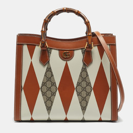 Gucci Brown/White Rhombus Print Leather Medium Diana Tote 1190499