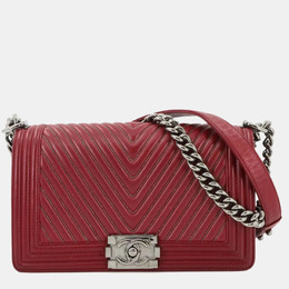 Chanel Boy Red Leather Chevron V-Stitch Chain Shoulder Bag 1188862