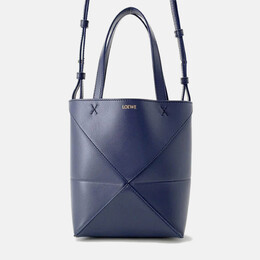 Loewe Puzzle Fold Mini Abyss Blue Shiny Calf Leather Tote Bag 1190317