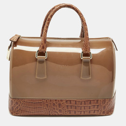 Furla Brown Rubber and Croc Embossed Leather Medium Candy Satchel 1186477