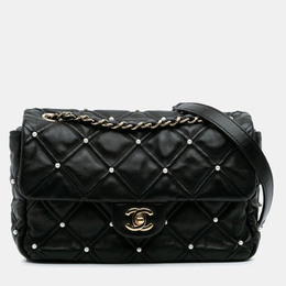Chanel Medium Pearl Studs Flap Black Quilted Lambskin Shoulder Bag 1191728