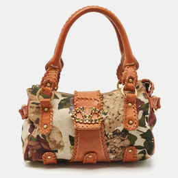 Valentino Multicolor Printed Canvas and Whipstitch Leather VLogo Crystals Satchel 1189724