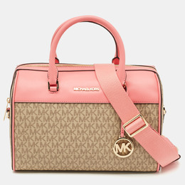 Michael Kors Tea Rose/Beige Signature Coated Canvas Medium Travel Duffle Bag 1190477