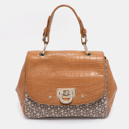 DKNY Beige/Tan Canvas and Croc Embossed Leather Top Handle Bag 1190468