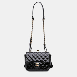 Chanel Black Mini Patent Lace Kiss Lock Flap Double Bag 1190925