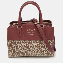 DKNY Burgundy/Beige Signature Canvas and Leather Triple Compartment Satchel 1191927