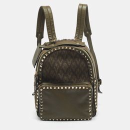 Valentino Military Green Logo Jacquard Canvas and Leather Viva Backpack 1191022