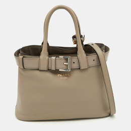 Prada Clay Grey Leather Small Buckle Detail Tote 1191147