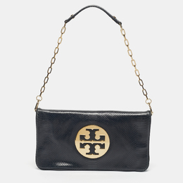 Tory Burch Navy Blue Snakeskin Embossed Leather Reva Flap Shoulder Bag 1190944