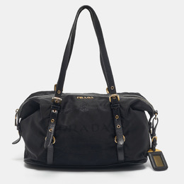 Prada Black Leather and Nylon Logo Buckle Satchel 1189305