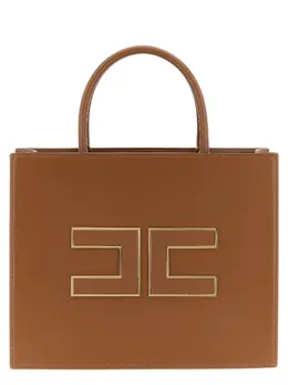 Elisabetta Franchi-Large Logo Shopping Bag Tote Marrone-Donna 52327260094804