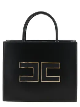 Elisabetta Franchi-Large Logo Shopping Bag Tote Nero-Donna 52327271989588
