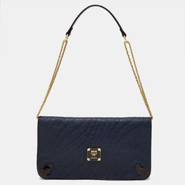 MCM Navy Blue/Brown Coated Raffia and Patent Leather Flap Shoulder Bag 1192760