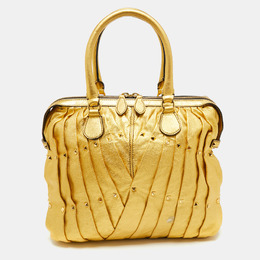 Valentino Metallic Gold Leather Maison Pintucked Rockstud Shopper Tote 1192161