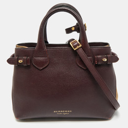 Burberry Burgundy/Beige Leather and House Check Canvas Small Banner Tote 1192154