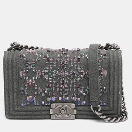 Chanel Grey Textured Suede Beads Embellishment Medium Boy Flap Bag 1191496