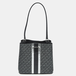 Michael Kors Black Signature Coated Canvas and Snakeskin Embossed Leather Medium Pratt Bucket Bag 1190657