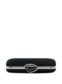 Oscar de la Renta O Minaudière 30982285: Black Velvet Texture, Silver-Tone Frame Clutch with Oblong Shape and Stone Embellishment
