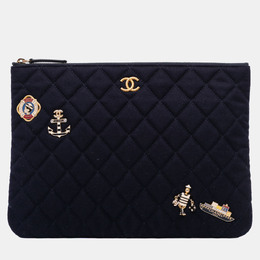 Chanel Navy Blue Paris Hamburg Medium Quilted Wool Coco Sailor Charms O Case Clutch 1194877