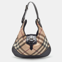 Burberry Beige/Black Nova Check Coated Canvas and Patent Leather Brooke Hobo 1193271