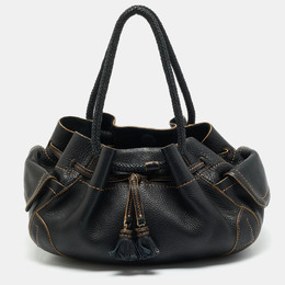 Cole Haan Black Leather Drawstring Braided Handle Hobo 1193023