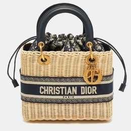 Christian Dior Navy Blue/Natural Rattan and Canvas Medium Lady Christian Dior Tote 1191883