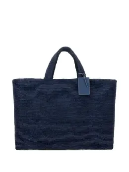 Manebi Sunset 30135092 Navy Blue Shoulder Bag with Textured Raffia Leather Top Handles and Tag