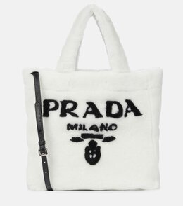 Средняя сумка-тоут из стриженой овчины с логотипом Prada, Bianco/Nero p00585214 | bianco/nero