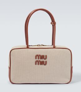 Сумка-шоппер из ткани с кожаными деталями и логотипом Miu Miu, Naturale + Brandy p00903552 | naturale + brandy