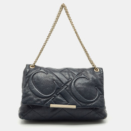 Carolina Herrera 1194857 Navy Blue Embossed Leather Shoulder Bag with Metal Flap Detail