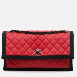 Chanel Quilted Two Tone Flap Red Lambskin and Grosgrain Leather Shoulder Bag 1194659