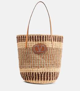 Плетеная сумка-корзинка из рафии с логотипом VLogo Valentino Garavani, Multi-Beige/Nat Camel/Selleria p01039568 | multi-beige/nat camel/selleria