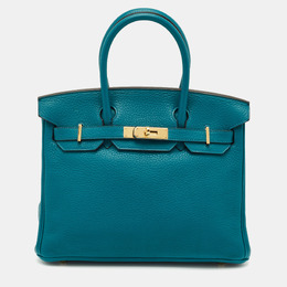 Hermes Blue Izmir Clemence Leather Gold Finish Birkin 30 Bag 1194818