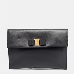 Salvatore Ferragamo Grey Leather Vara Bow Flat Clutch 1194193