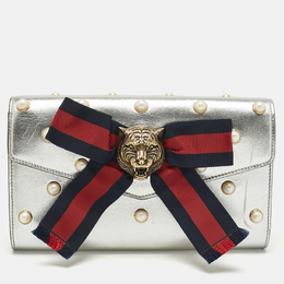 Gucci Silver Leather Animalier Broadway Clutch 1194021