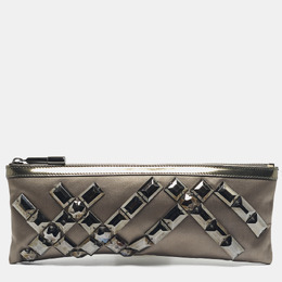 Burberry Dark Grey Satin Crystal Embellished Top Zip Clutch 1192564