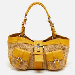 Prada Yellow/Natural Raffia and Leather Front Pocket Satchel 1197559