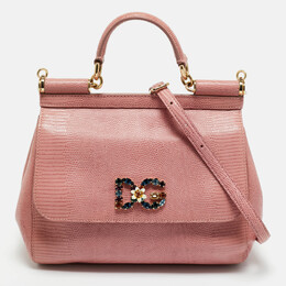 Dolce & Gabbana Miss Sicily Top Handle Bag 1194168 - Pink Lizard Embossed Leather with Crystal Logo