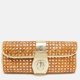 Kate Spade Gold/Brown Rattan and Rattan Turnlock Flap Clutch 1198289