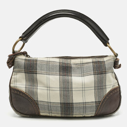 Miu Miu Brown/Grey Tartan Plaid Fabric and Leather Zip Hobo 1195672