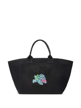 Official Ganni XXL Logo Embellished Canvas Tote Bag 31313692 - Black Dog Graphic Top Handle Style